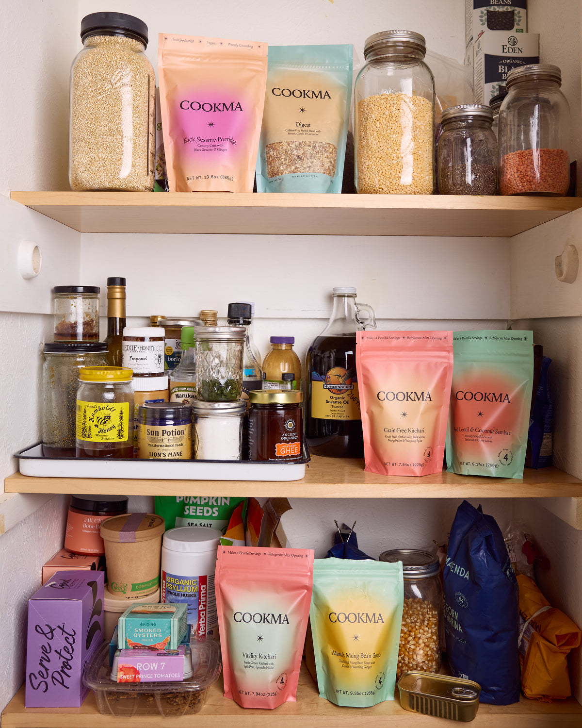 A pantry stocked with Cookma meals