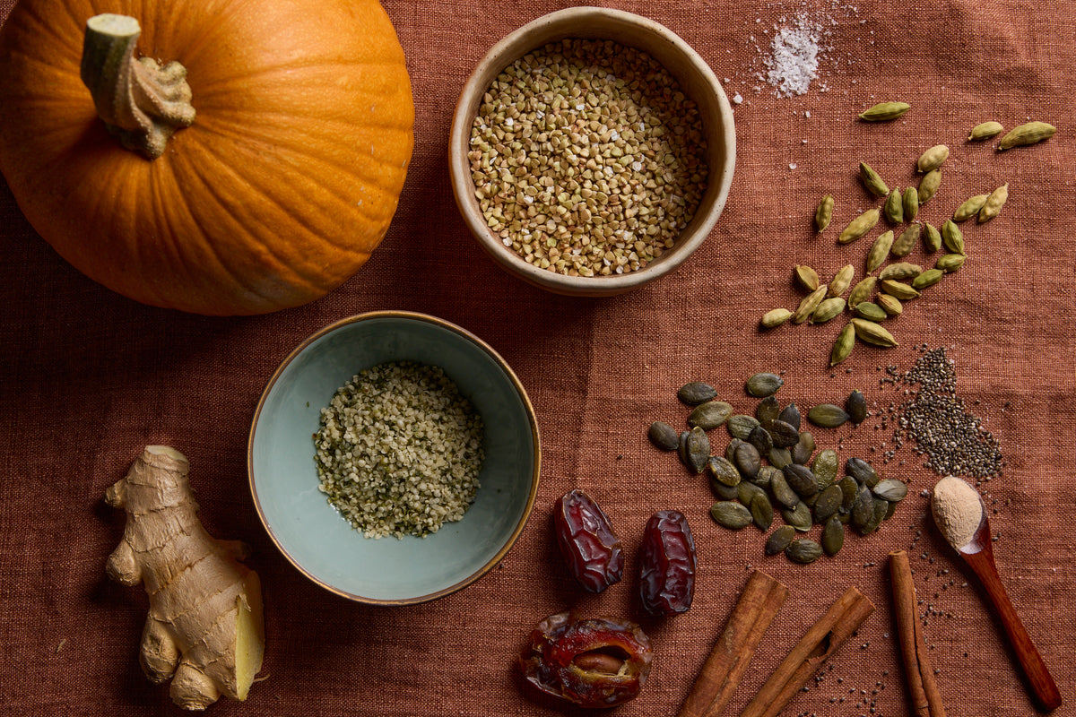 Seed Porridge ingredients: pumpkin, seeds, dates and warming spices