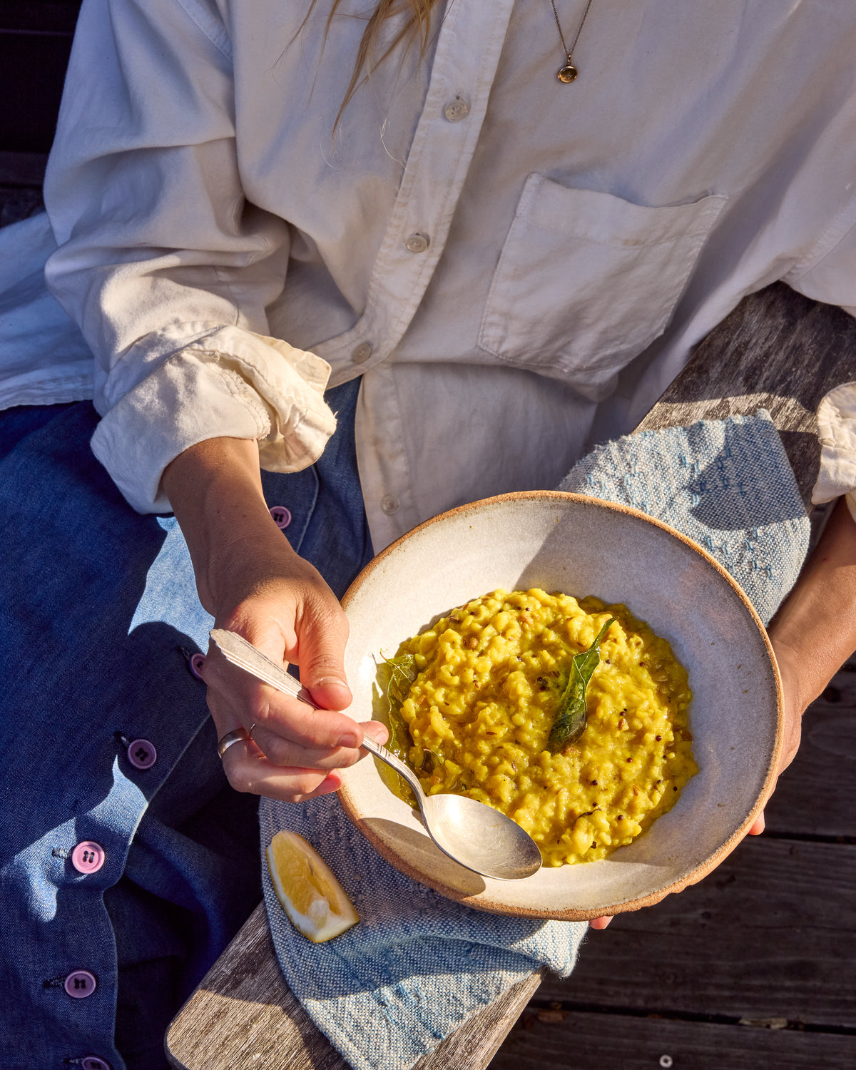 Kitchari served in a handmade bowl